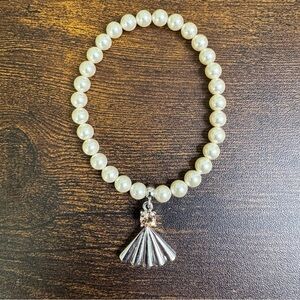 Glass Pearl Stretch Bracelet Silver Fan Charm Gold Crystal  Flapper Girl Retro